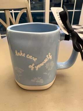 Rae Dunn Artisan Collection Take Care of Yourself Light Blue Floral Mug